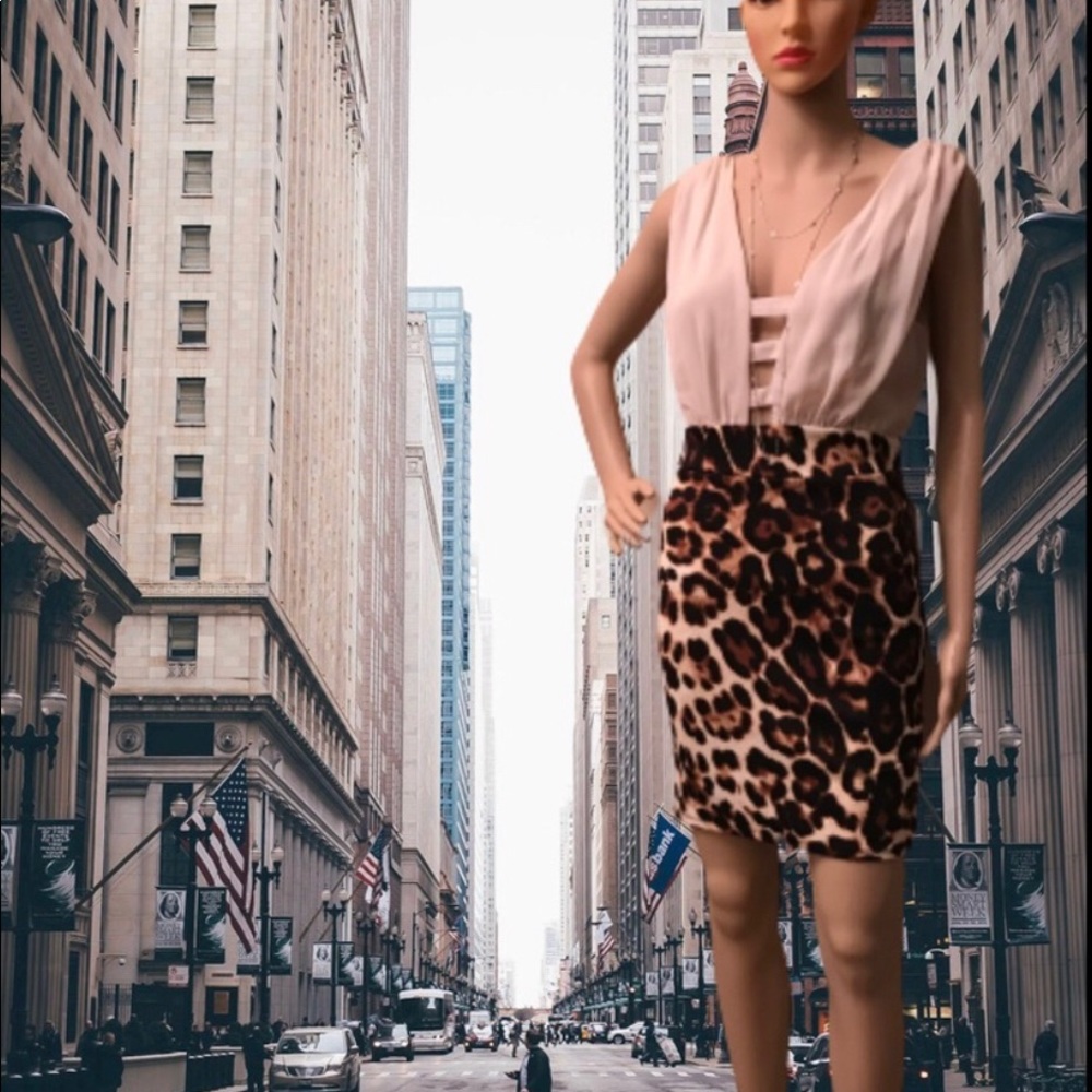 Monaco Leopard print cream & brown mini sleeveless dress size Lg - Picture 2 of 13